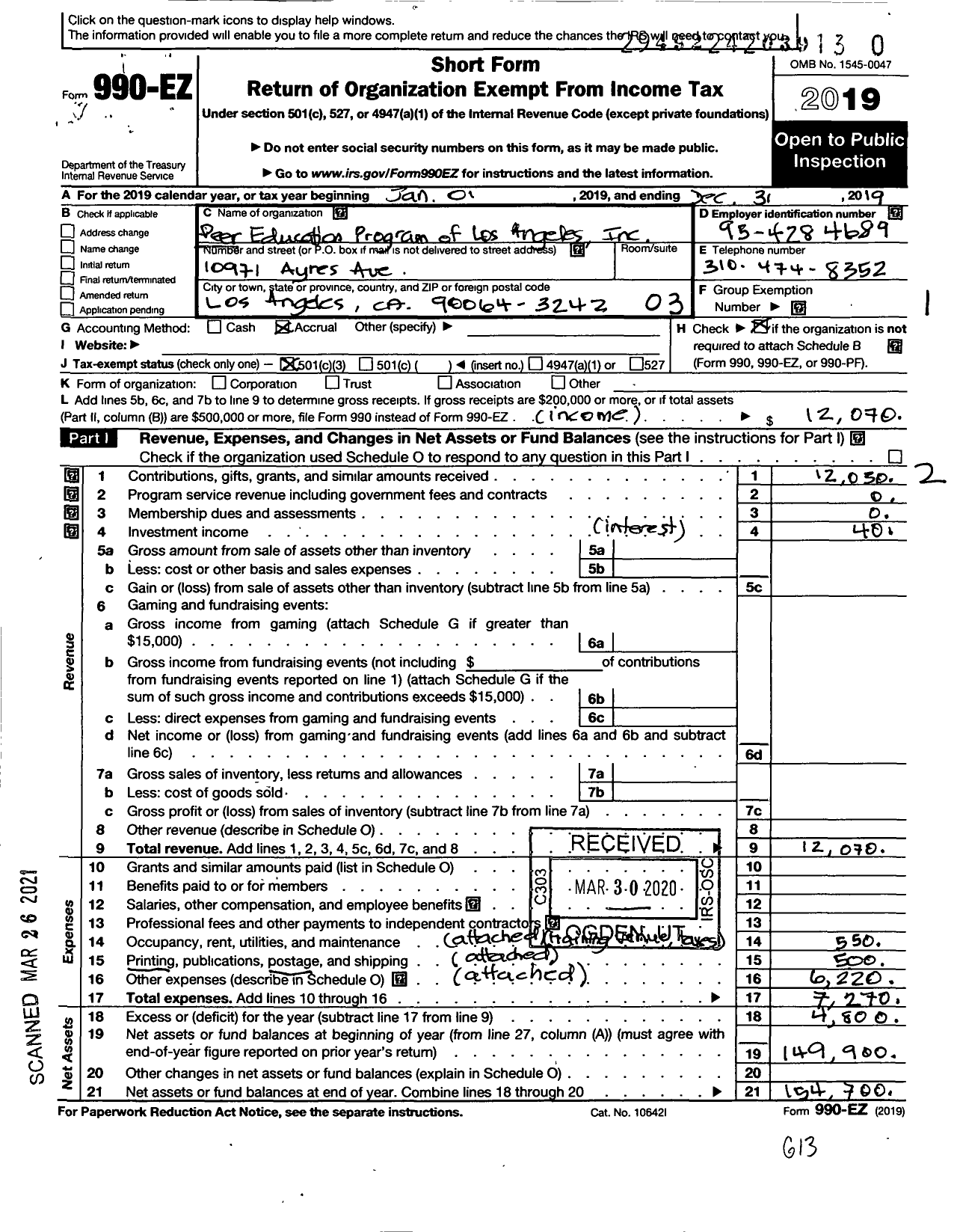 Image of first page of 2019 Form 990EZ for Peer Education Program of Los Angeles