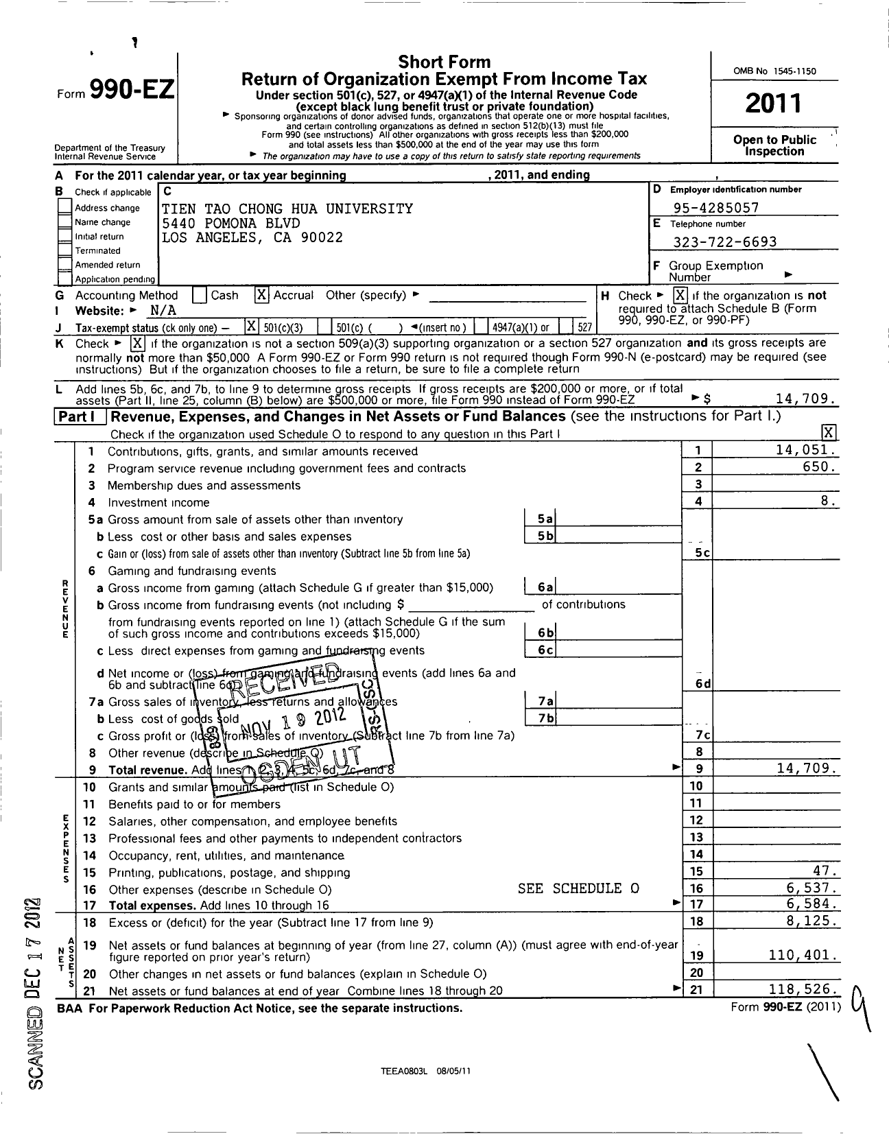 Image of first page of 2011 Form 990EZ for Chong Hua Tien Tao University