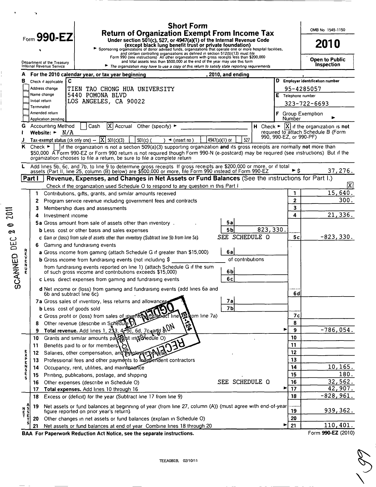 Image of first page of 2010 Form 990EZ for Chong Hua Tien Tao University