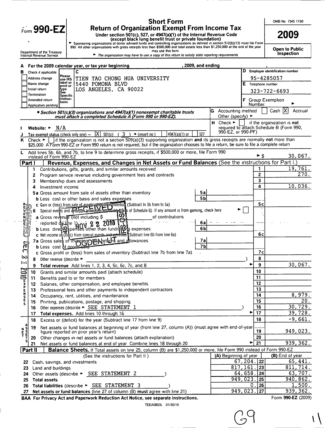 Image of first page of 2009 Form 990EZ for Chong Hua Tien Tao University