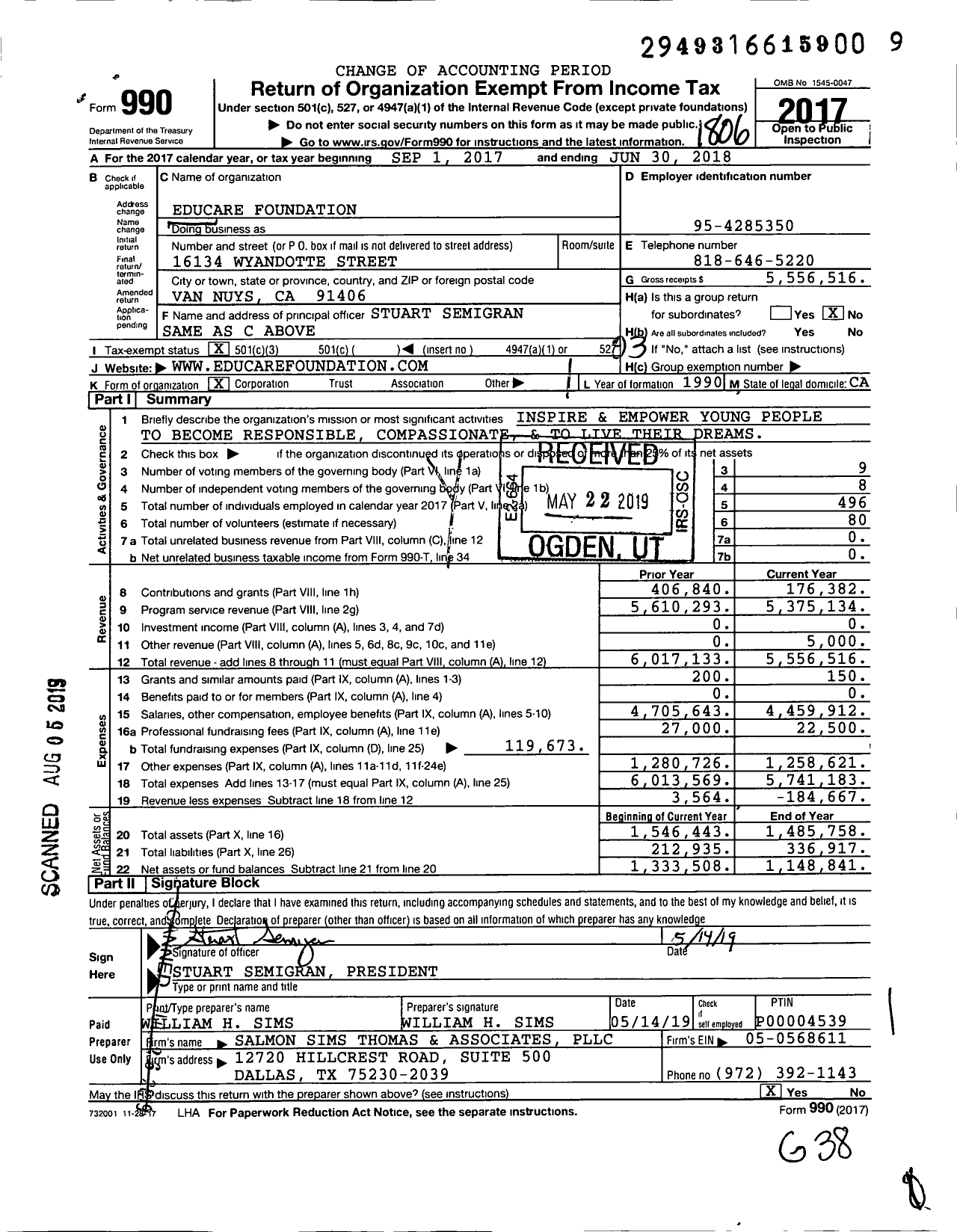 Image of first page of 2017 Form 990 for Educare Foundation