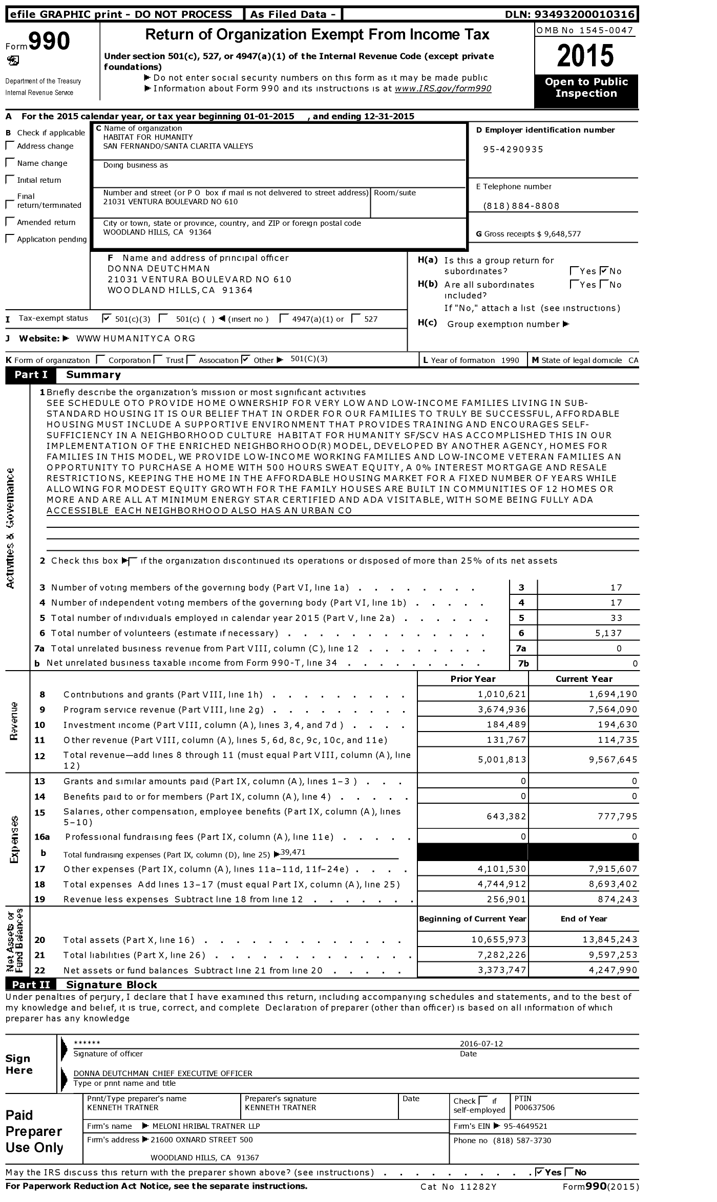 Image of first page of 2015 Form 990 for Habitat for Humanity San Fernando / Santa Clarita Valleys