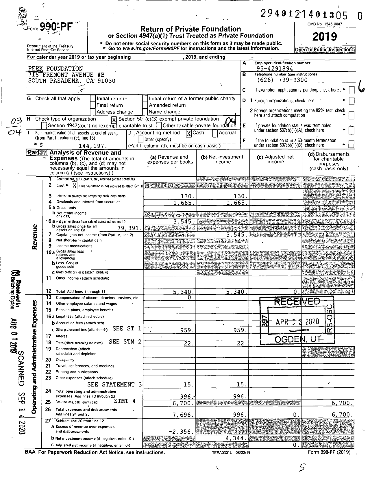 Image of first page of 2019 Form 990PR for Peek Foundation