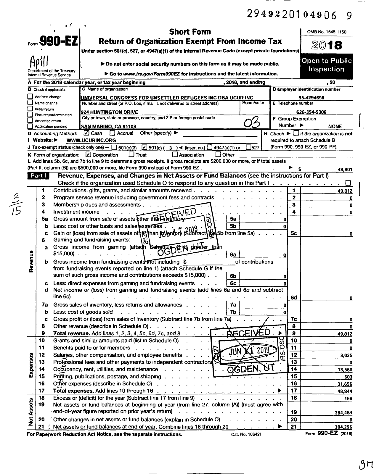 Image of first page of 2018 Form 990EZ for Universal Congress for Unsettled Refugees Incorporated