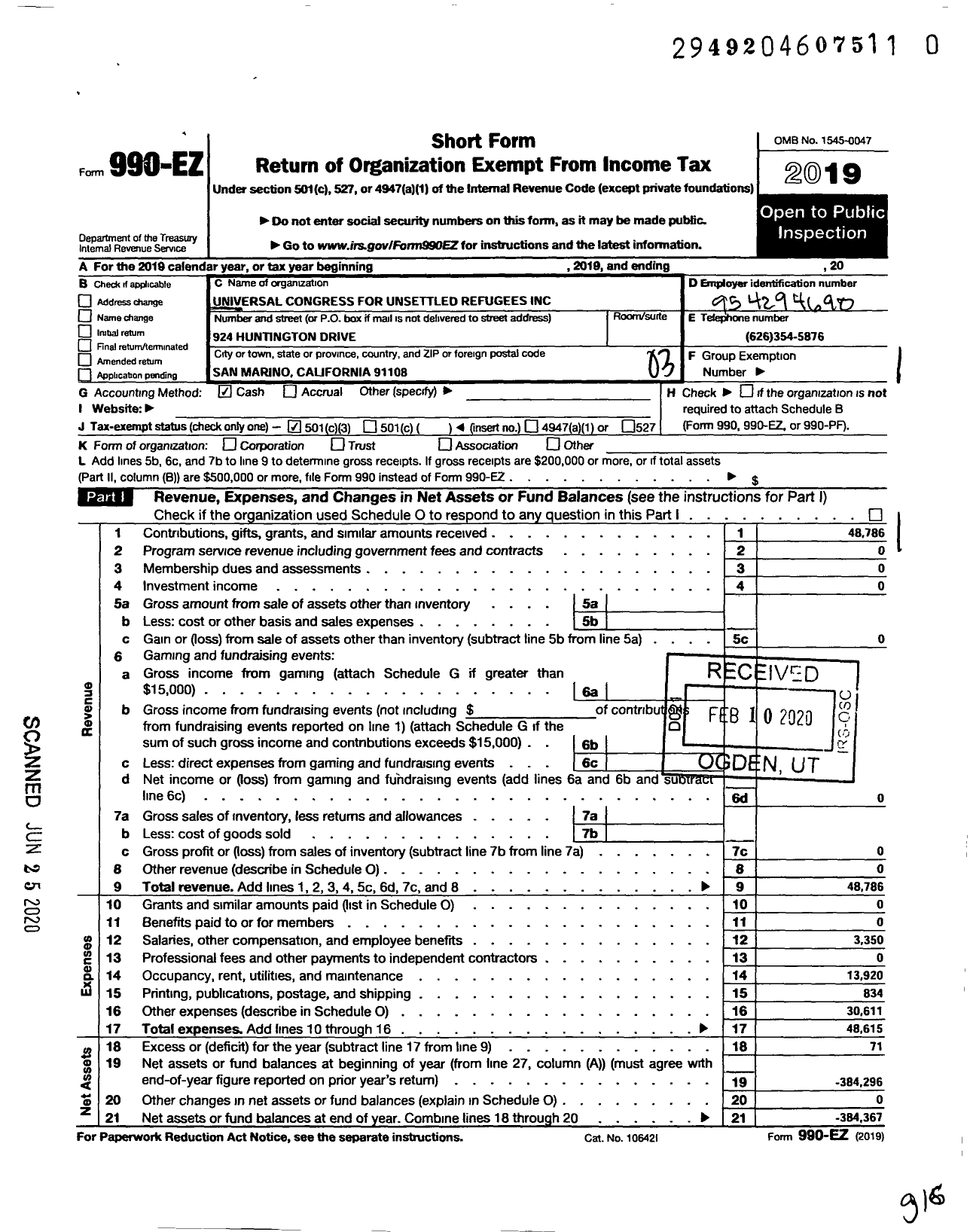 Image of first page of 2019 Form 990EZ for Universal Congress for Unsettled Refugees Incorporated