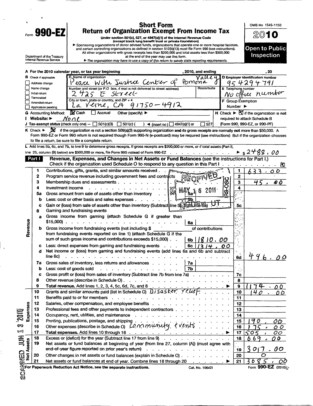 Image of first page of 2010 Form 990EO for Peace with Justice Center