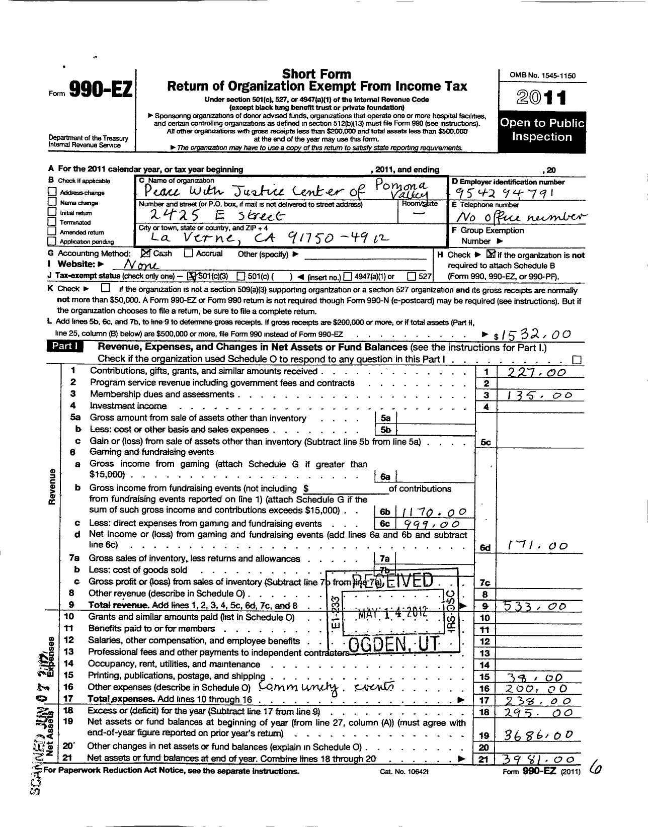 Image of first page of 2011 Form 990EZ for Peace with Justice Center