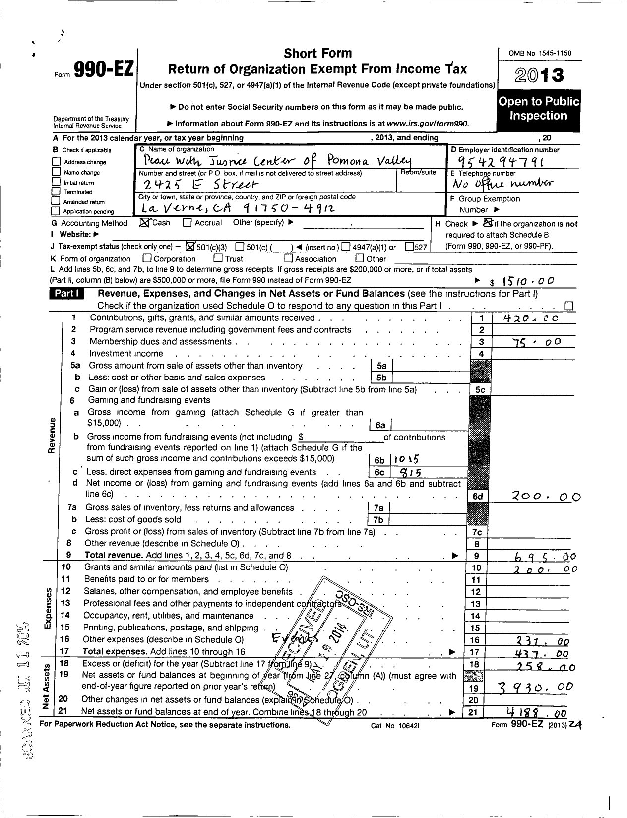 Image of first page of 2013 Form 990EZ for Peace with Justice Center