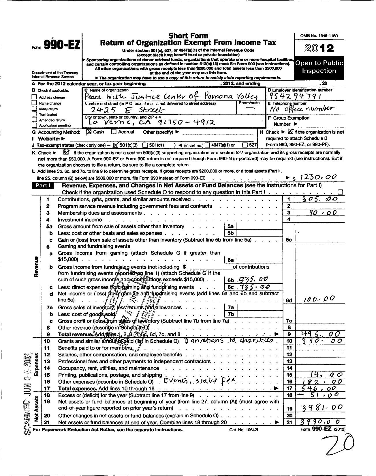 Image of first page of 2012 Form 990EZ for Peace with Justice Center