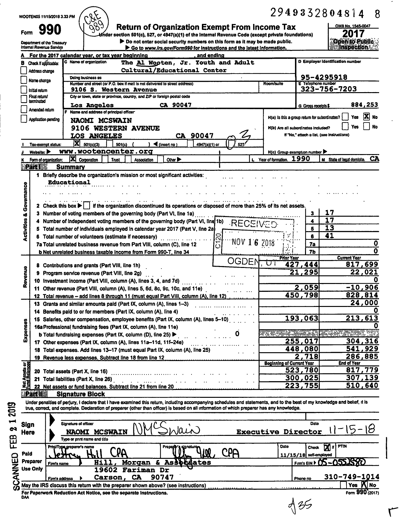 Image of first page of 2017 Form 990 for Al Wooten Jr. Youth Center
