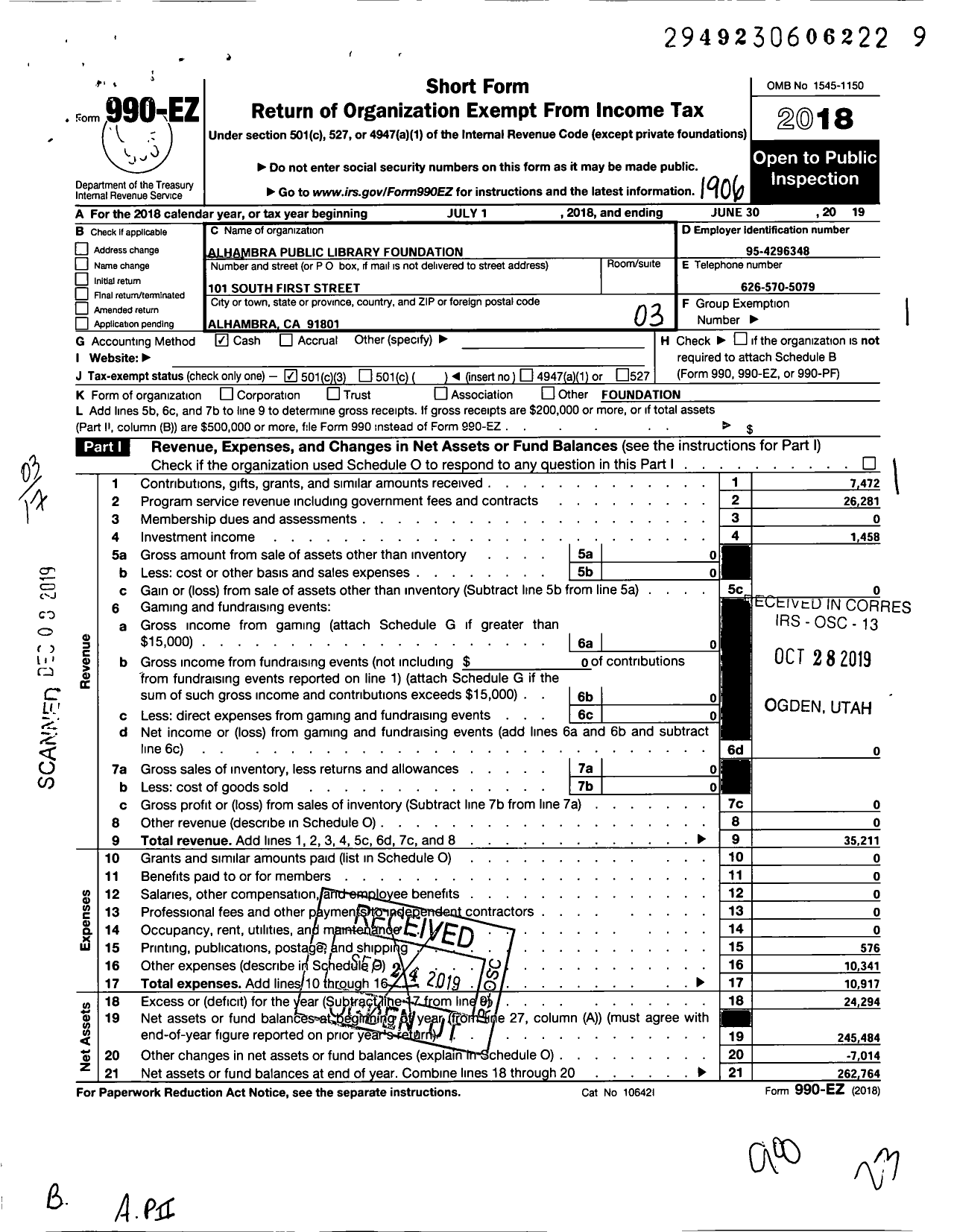 Image of first page of 2018 Form 990EZ for Alhambra Public Library Foundation