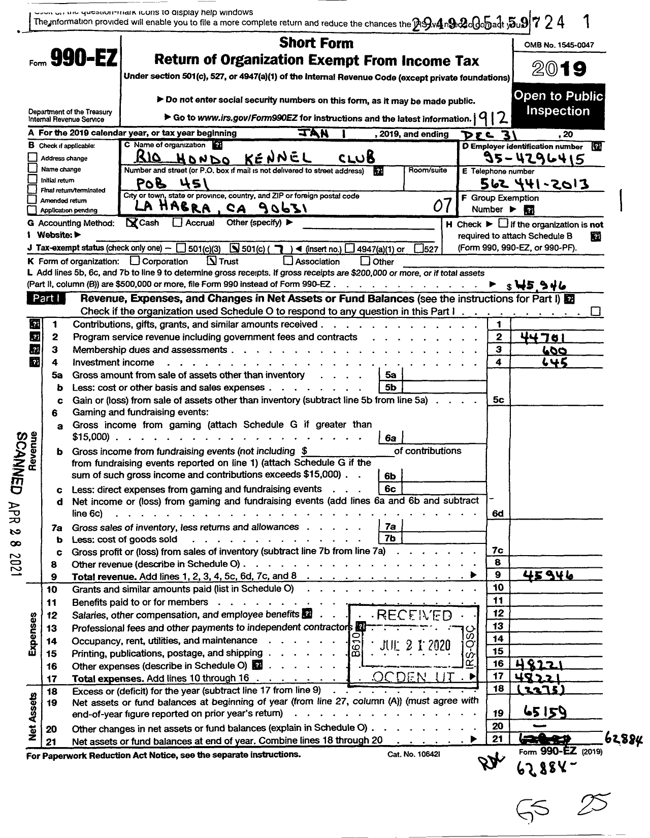 Image of first page of 2019 Form 990EO for Rio Hondo Kennel Club