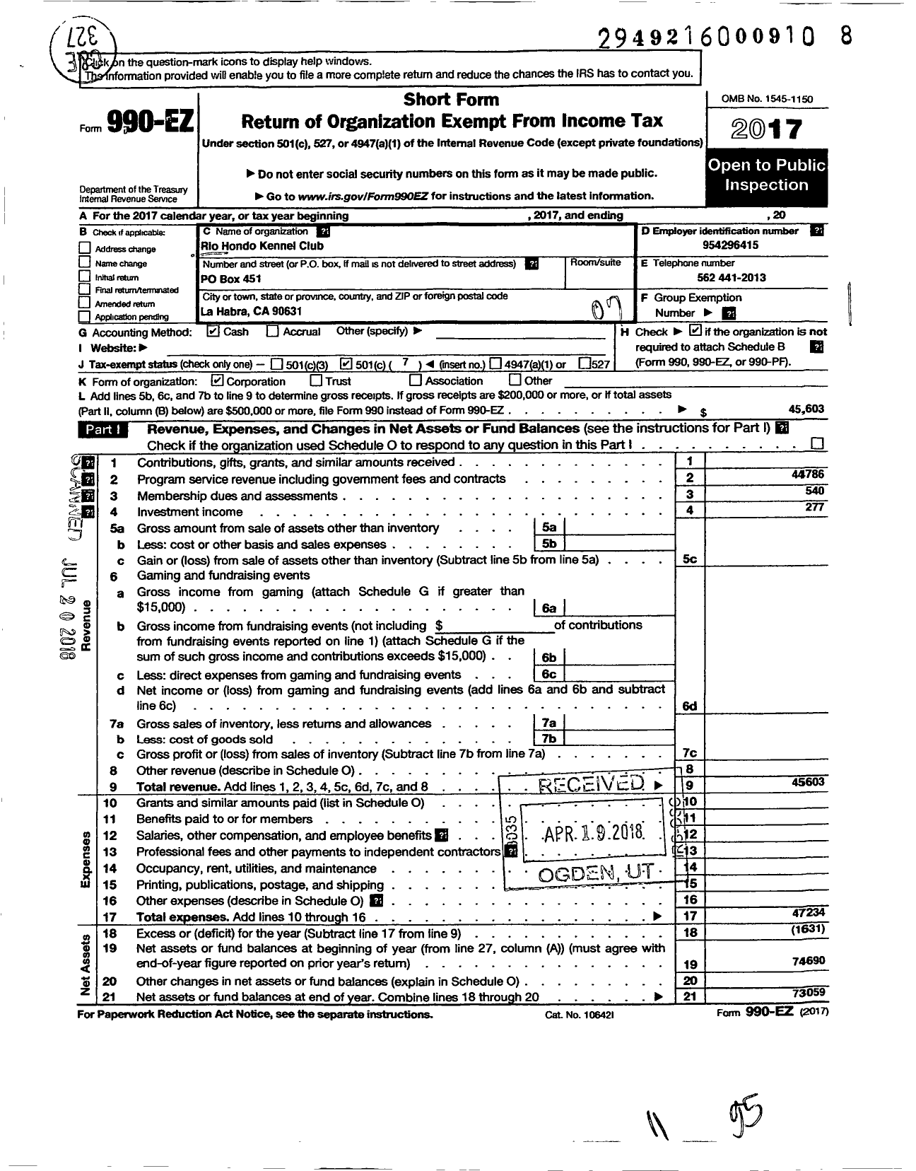 Image of first page of 2017 Form 990EO for Rio Hondo Kennel Club