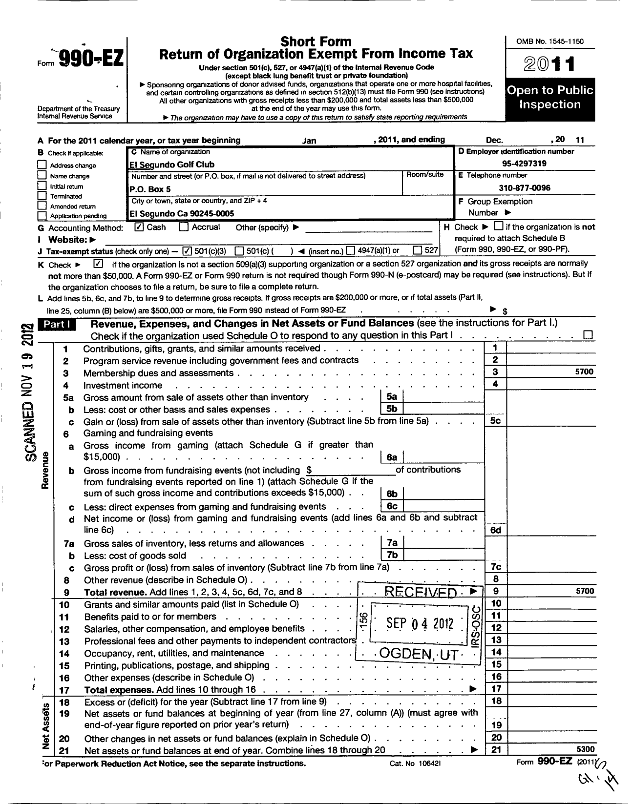 Image of first page of 2011 Form 990EZ for El Segundo Golf Club