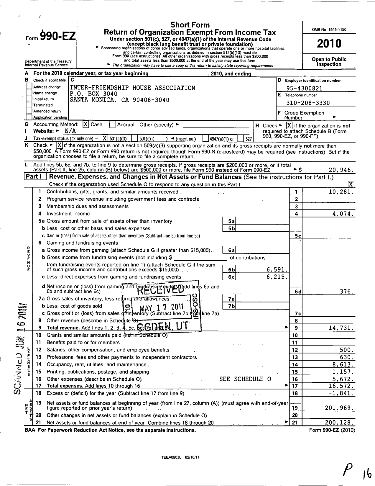 Image of first page of 2010 Form 990EZ for Inter Freindship House Association of Los Angeles