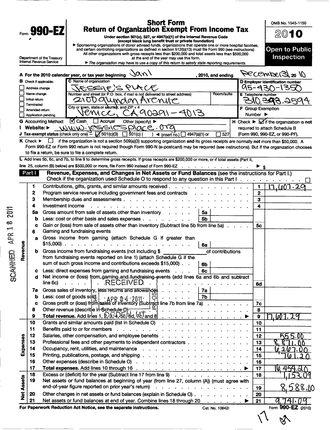 Image of first page of 2010 Form 990EZ for Jessies Place