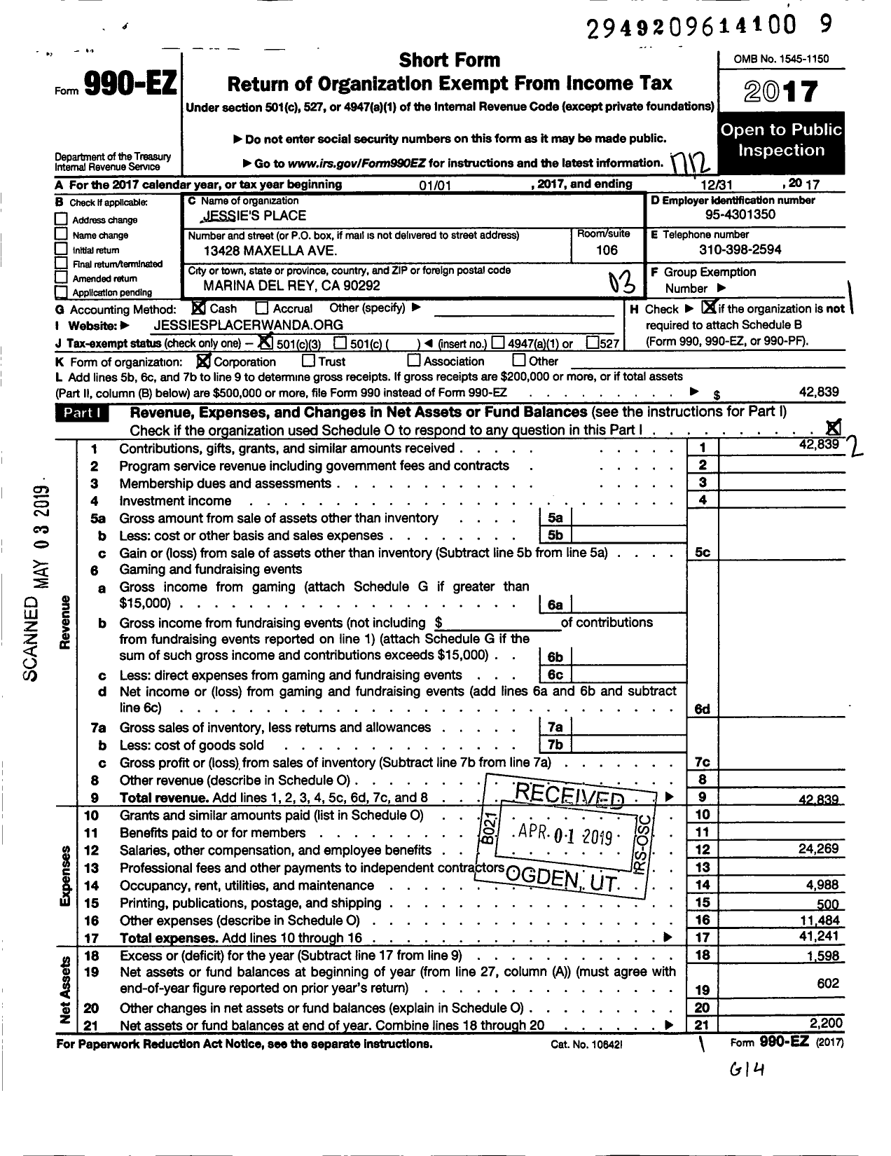 Image of first page of 2017 Form 990EZ for Jessies Place