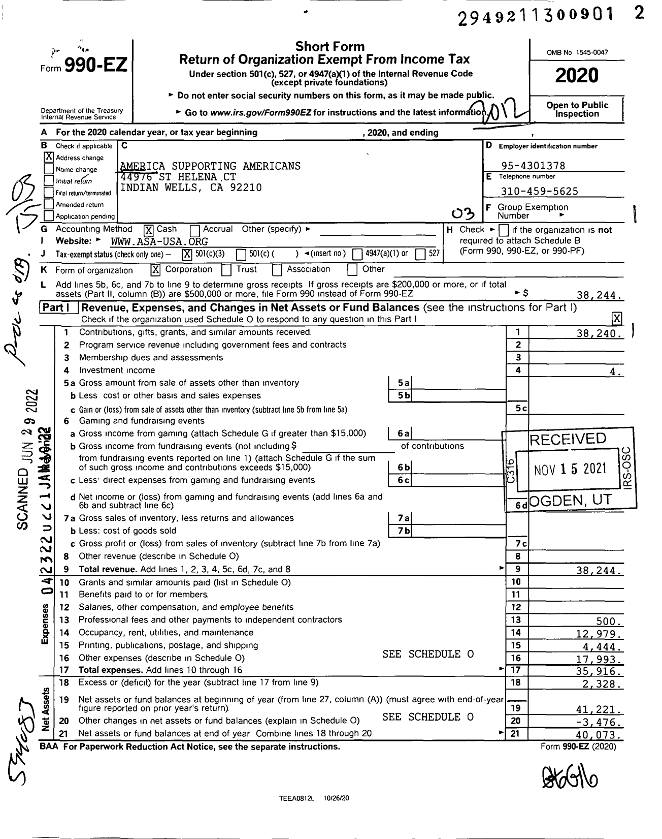 Image of first page of 2020 Form 990EZ for America Supporting Americans