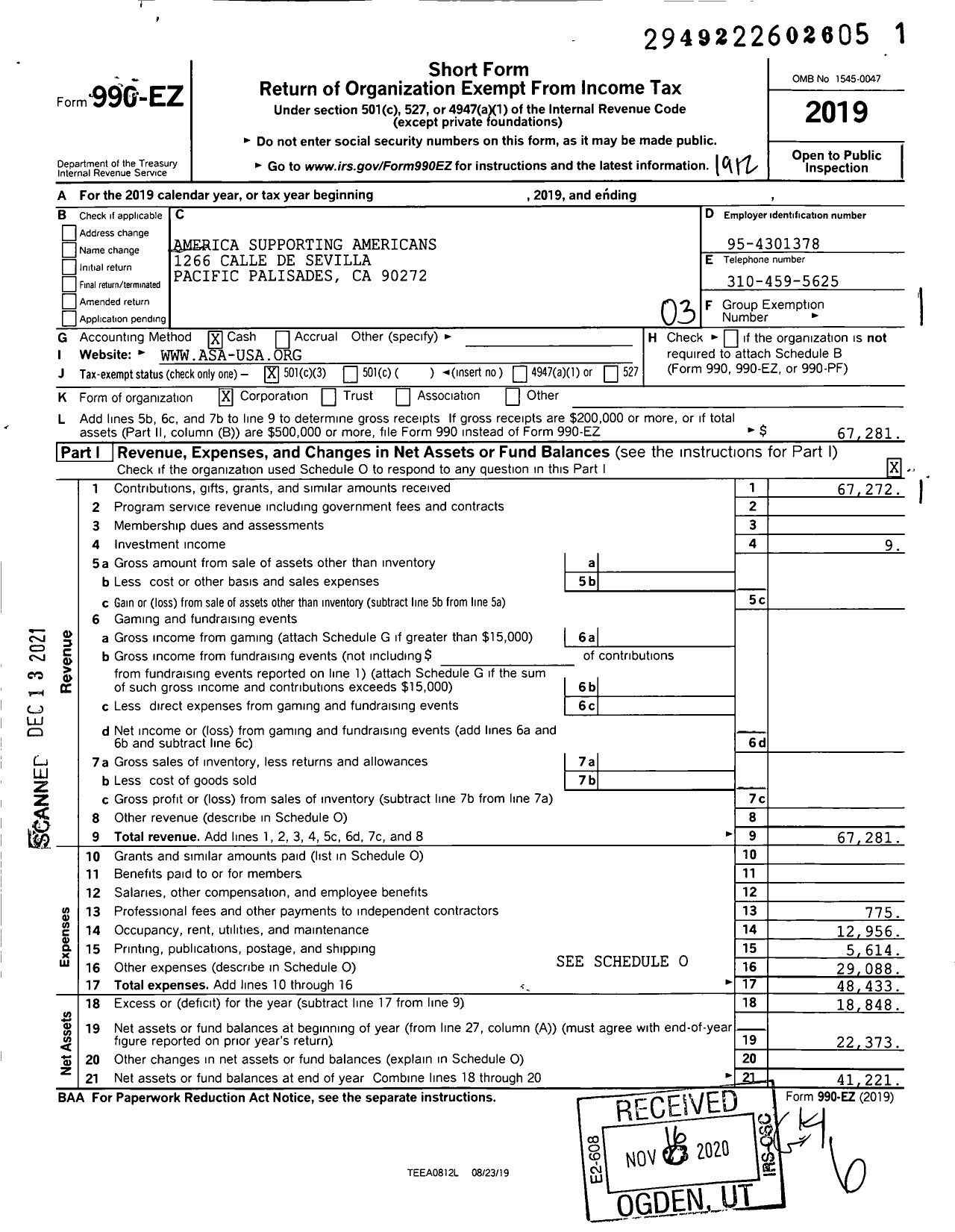 Image of first page of 2019 Form 990EZ for America Supporting Americans