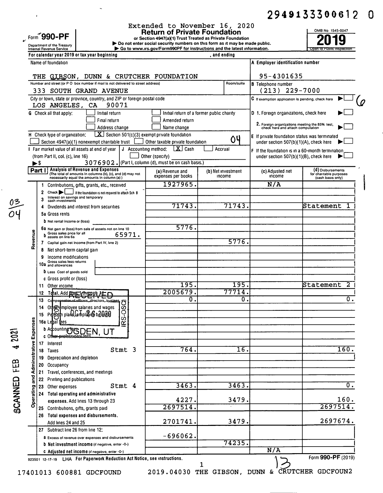 Image of first page of 2019 Form 990PF for The Gibson Dunn and Crutcher Foundation