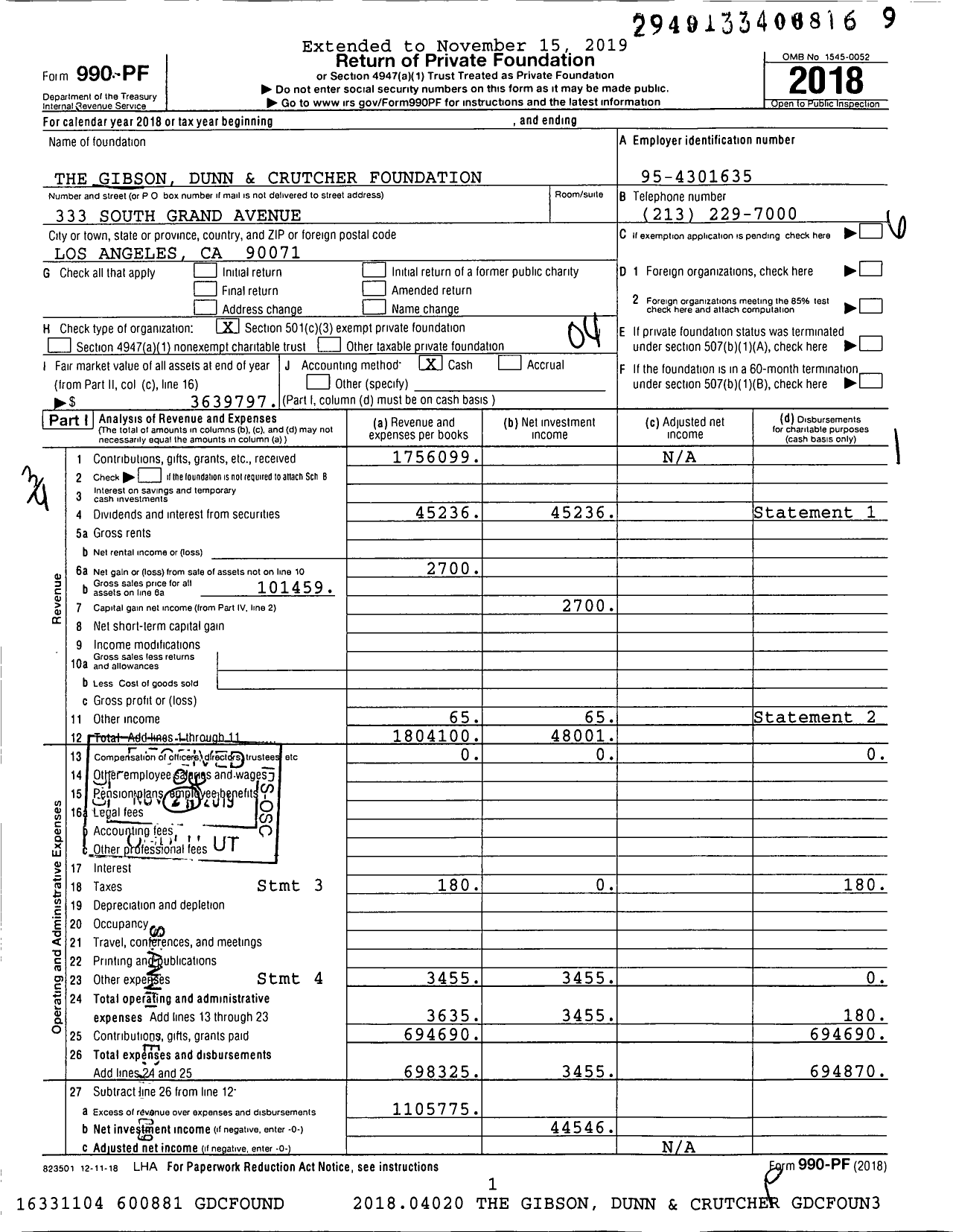 Image of first page of 2018 Form 990PF for The Gibson Dunn and Crutcher Foundation