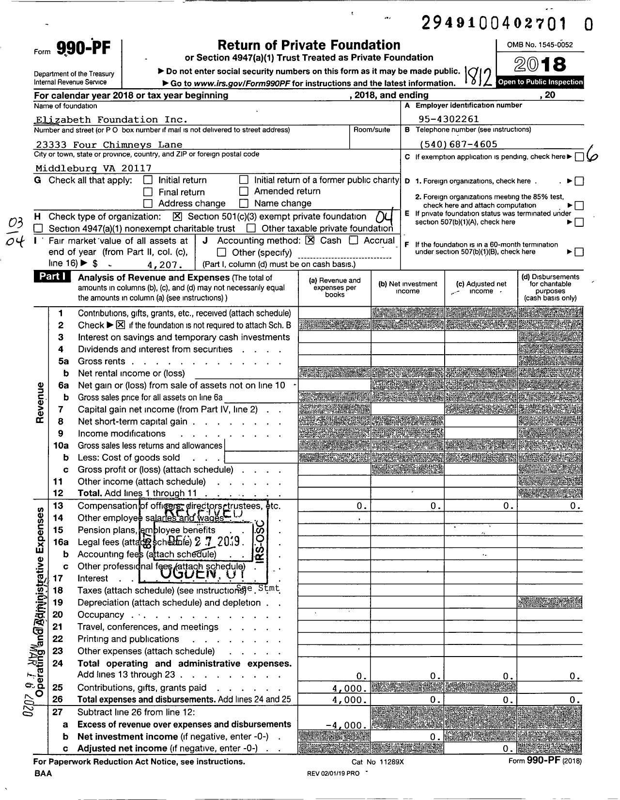 Image of first page of 2018 Form 990PR for Elizabeth Foundation