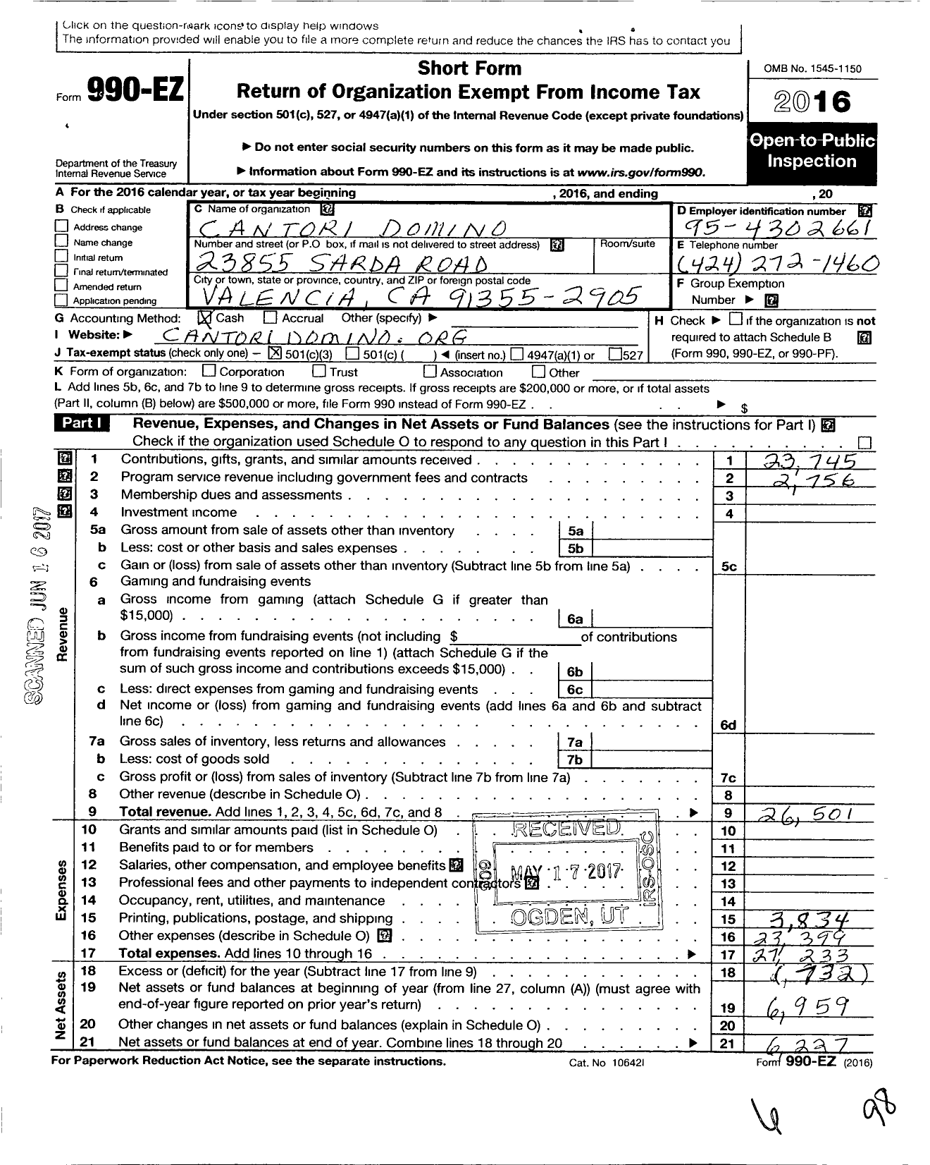 Image of first page of 2016 Form 990EZ for Cantori Domino