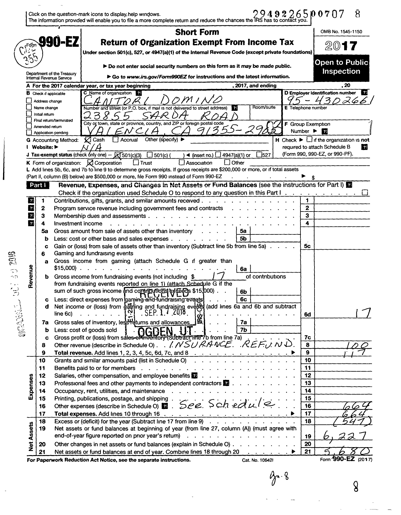 Image of first page of 2017 Form 990EZ for Cantori Domino