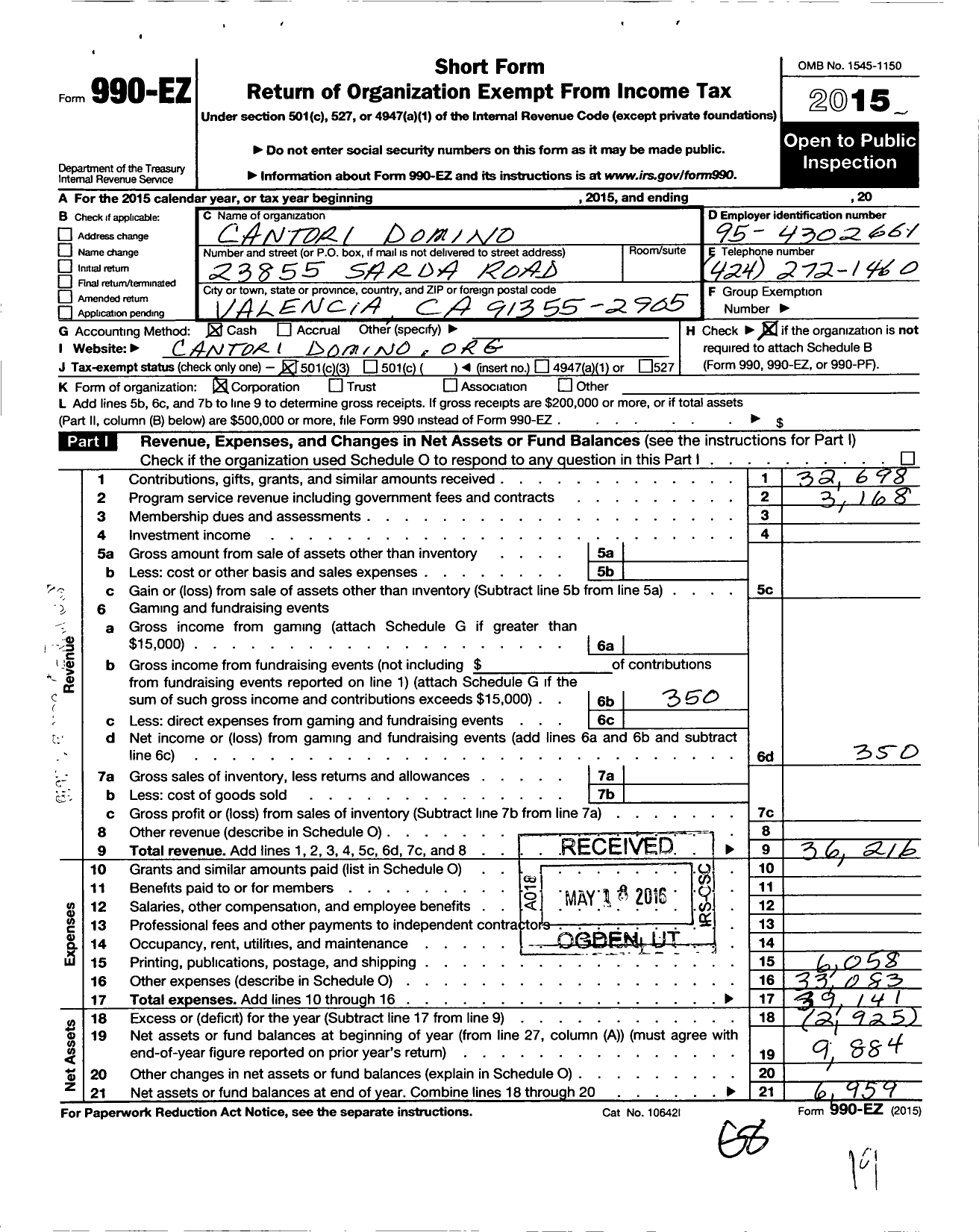 Image of first page of 2015 Form 990EZ for Cantori Domino