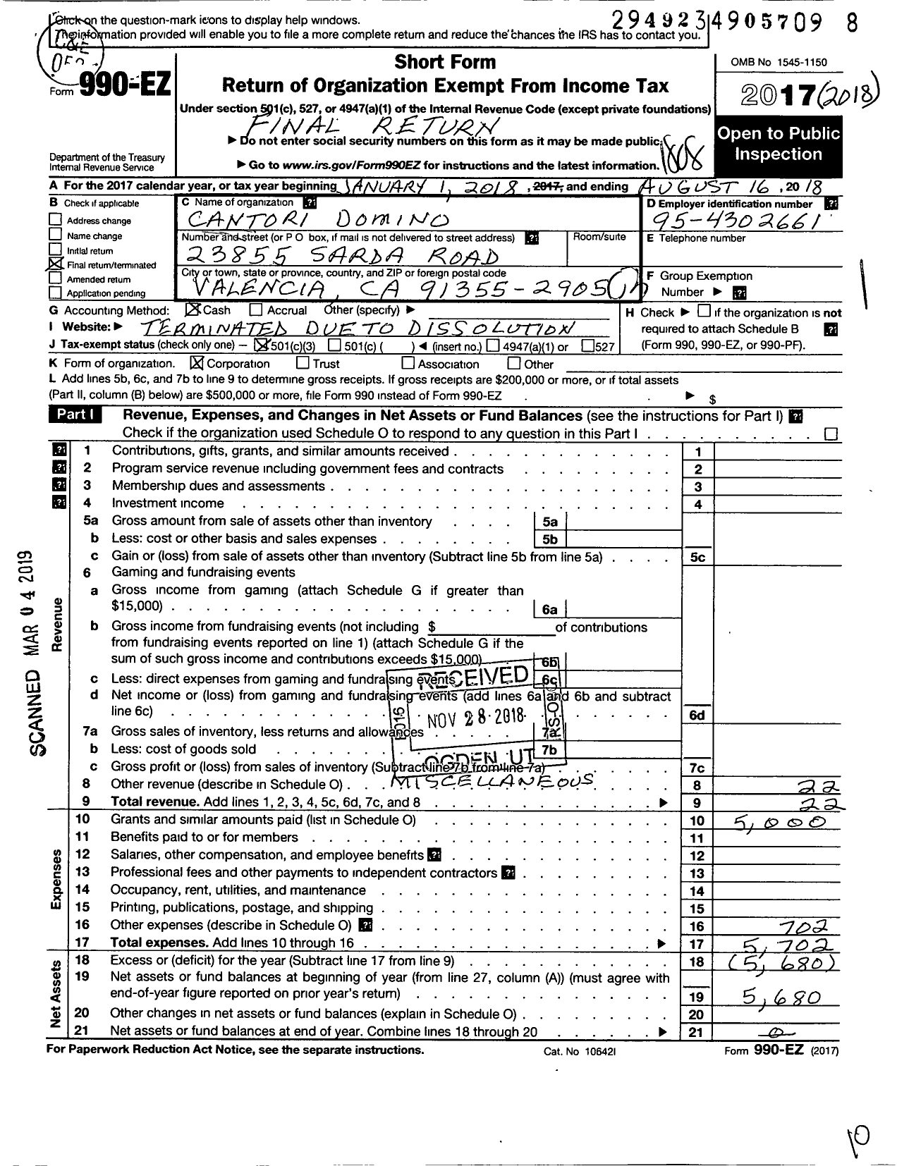 Image of first page of 2017 Form 990EZ for Cantori Domino