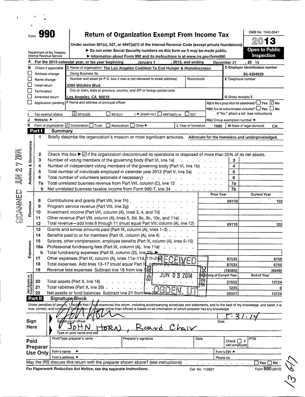 Image of first page of 2013 Form 990 for Los Angeles Coalition To End Hunger and Homelessness