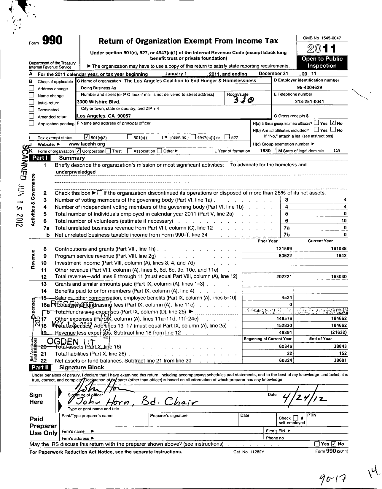 Image of first page of 2011 Form 990 for Los Angeles Coalition To End Hunger and Homelessness