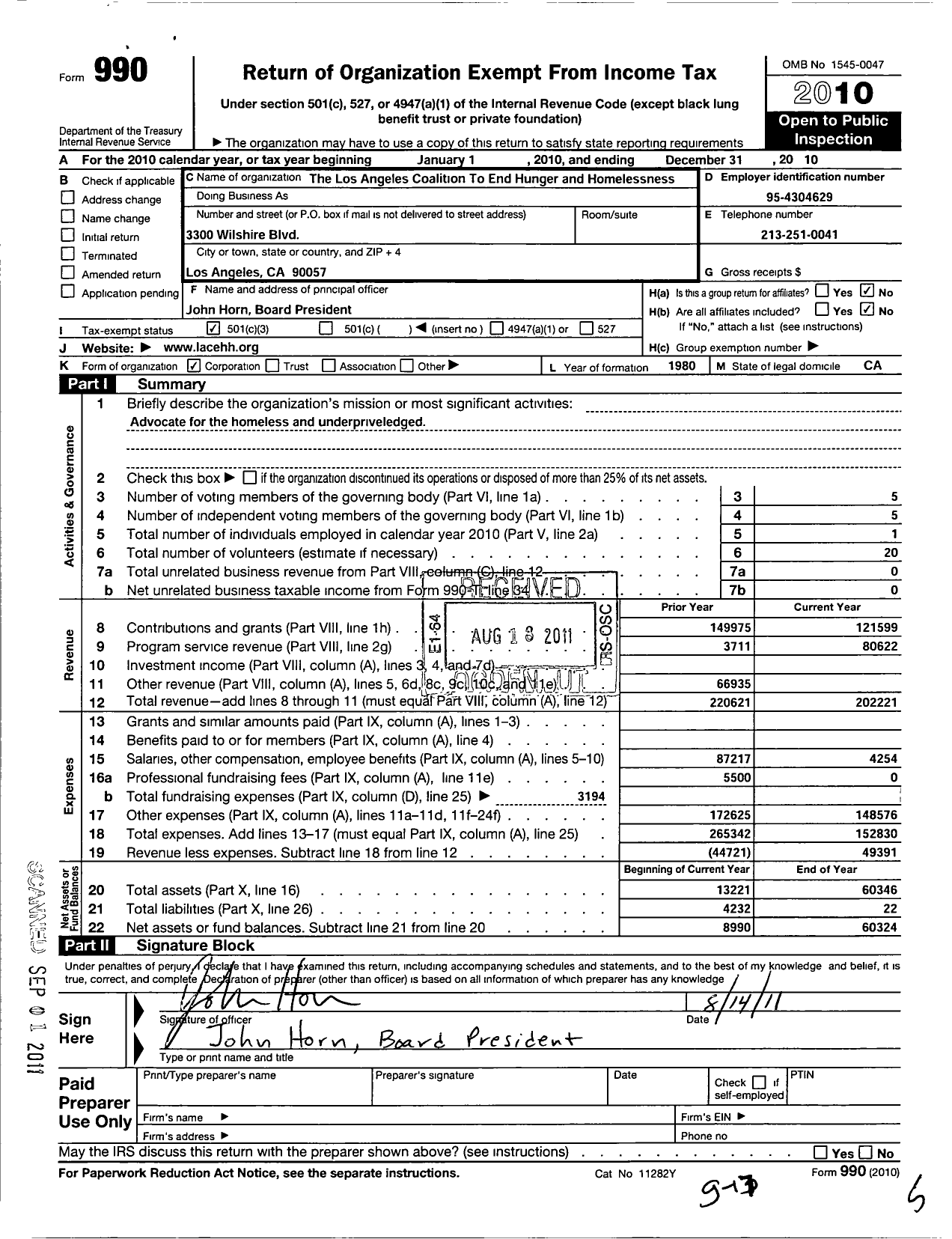 Image of first page of 2010 Form 990 for Los Angeles Coalition To End Hunger and Homelessness