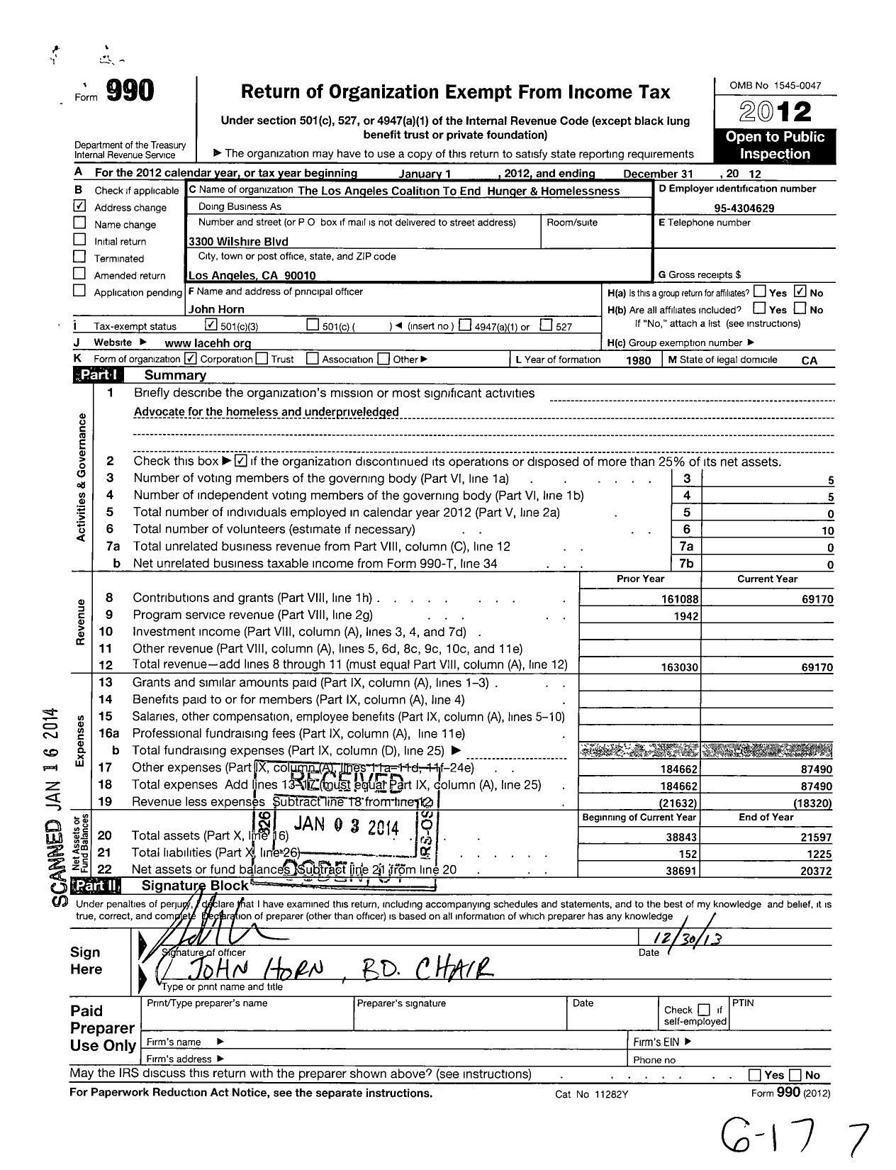 Image of first page of 2012 Form 990 for Los Angeles Coalition To End Hunger and Homelessness