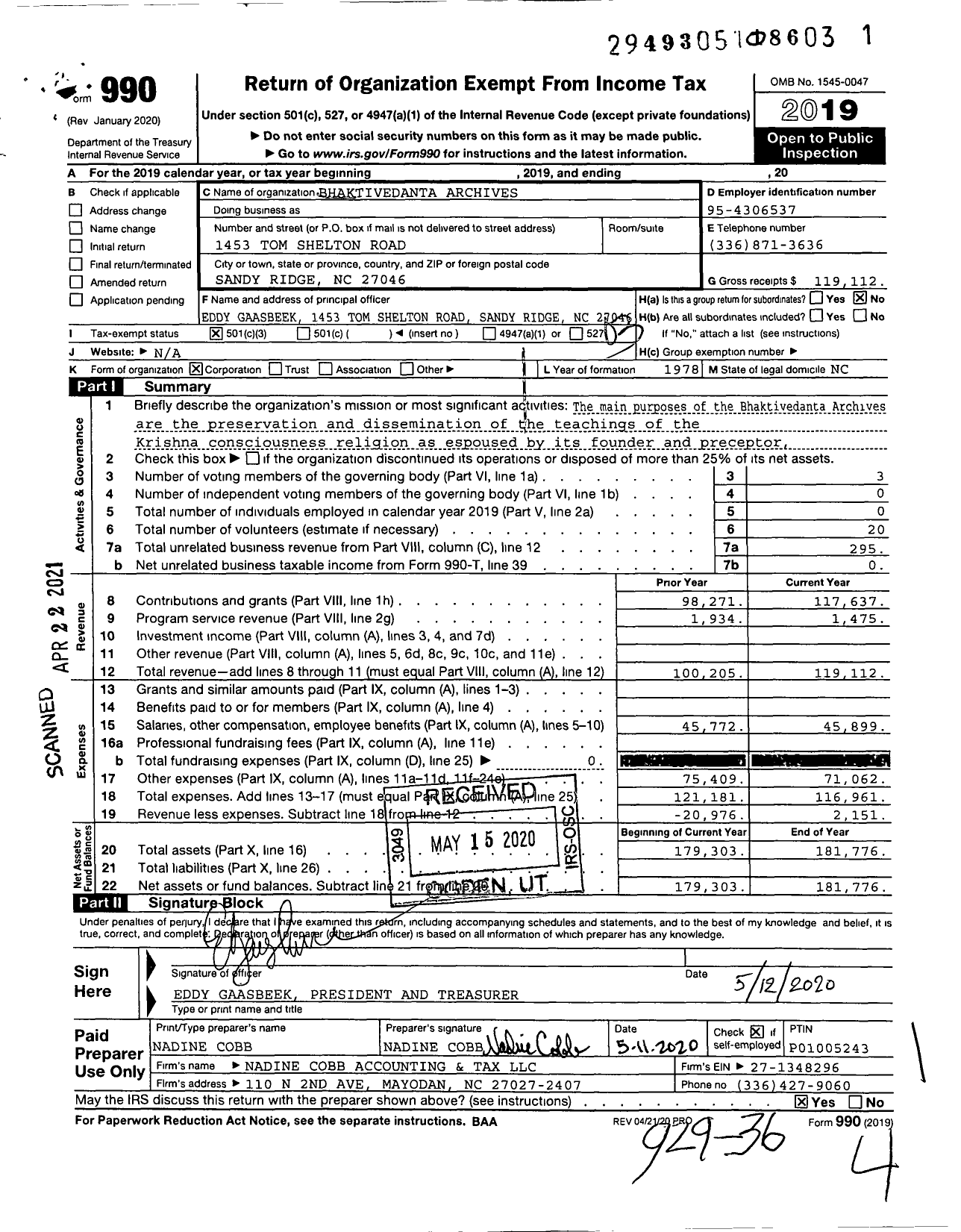 Image of first page of 2019 Form 990 for Bhaktivedanta Archives