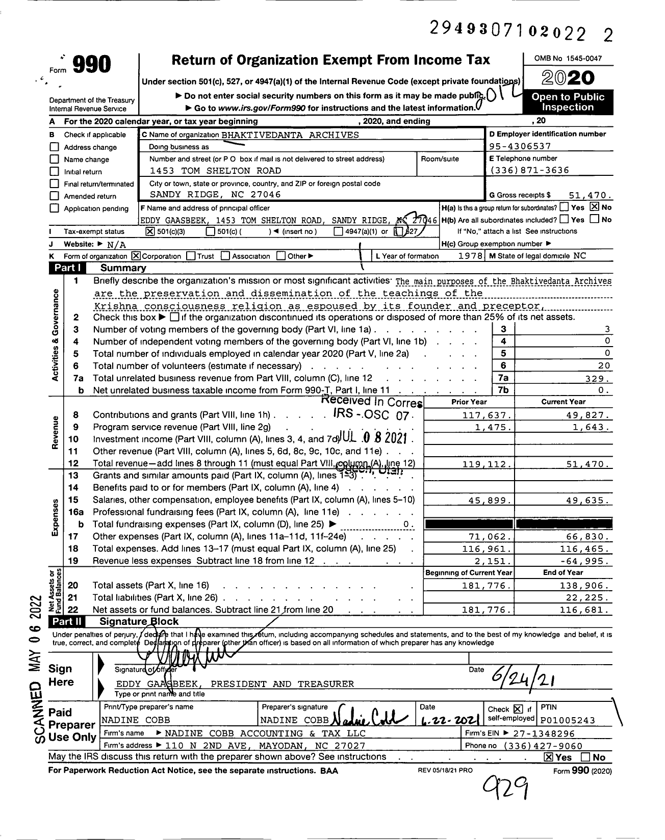 Image of first page of 2020 Form 990 for Bhaktivedanta Archives