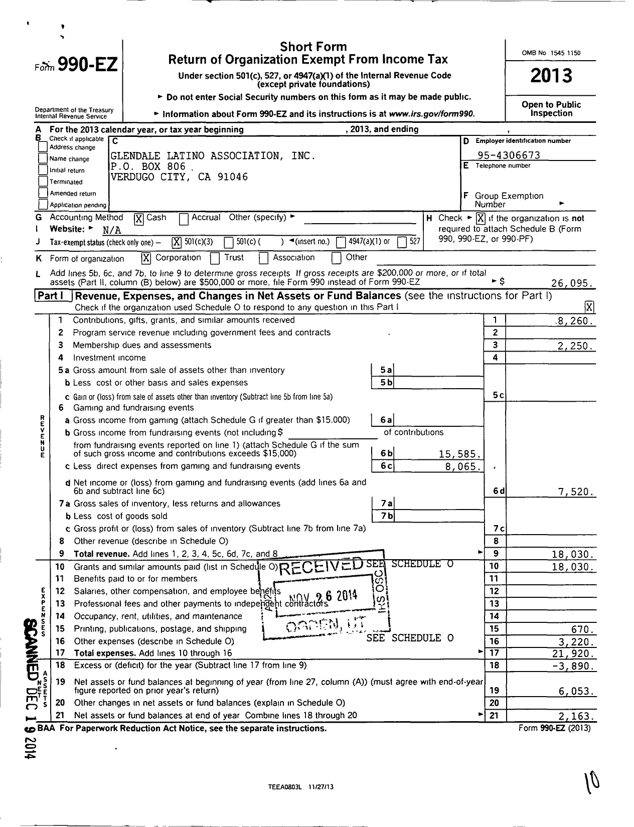 Image of first page of 2013 Form 990EZ for Glendale Latino Association