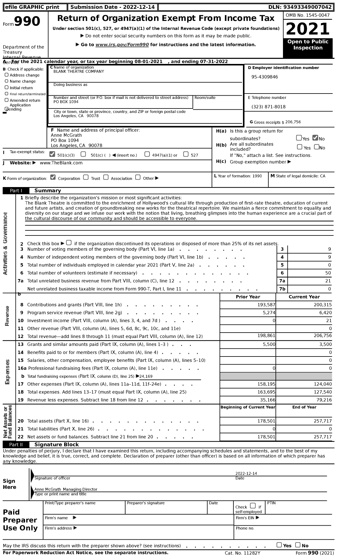 Image of first page of 2021 Form 990 for Blank Theatre Company