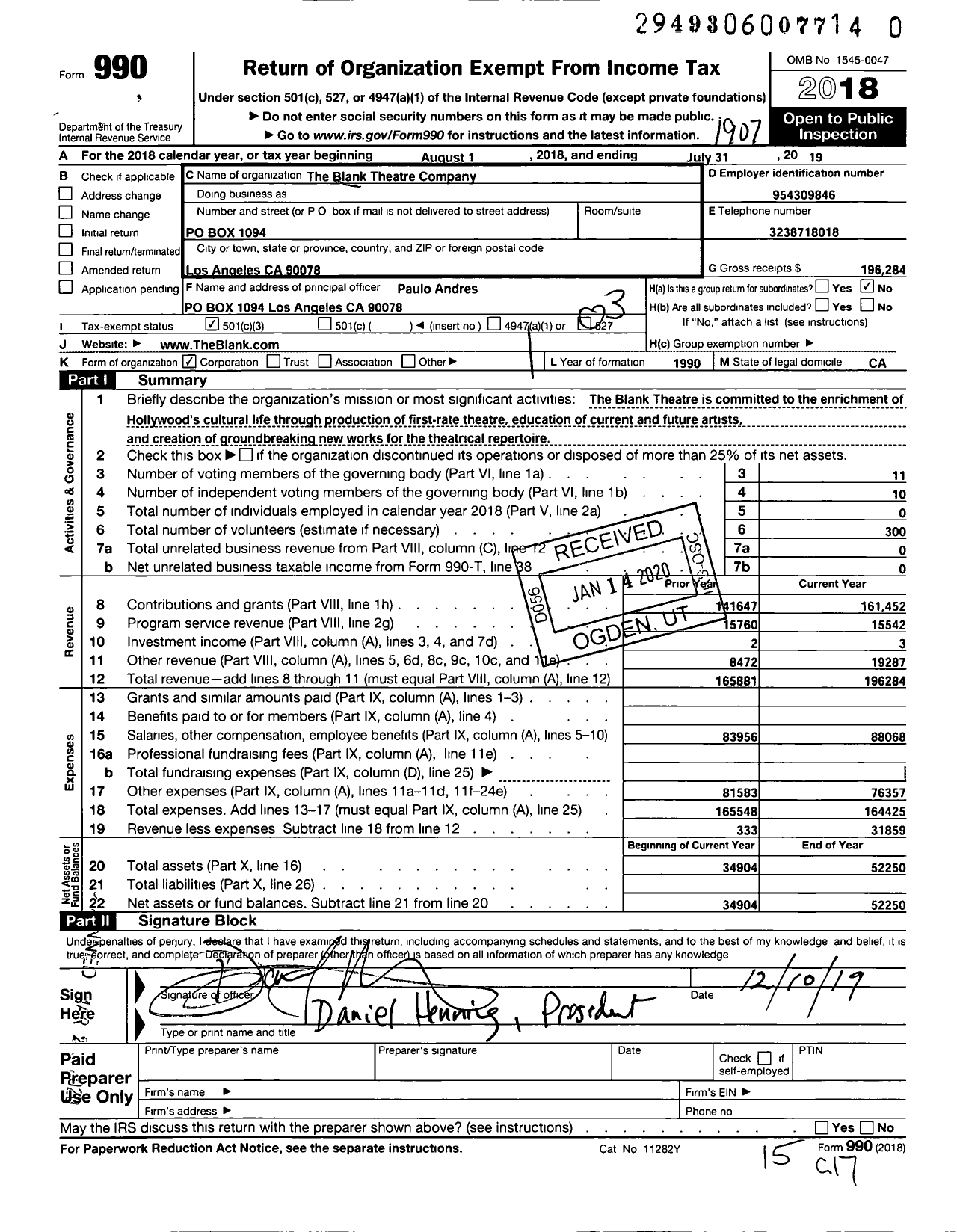 Image of first page of 2018 Form 990 for Blank Theatre Company