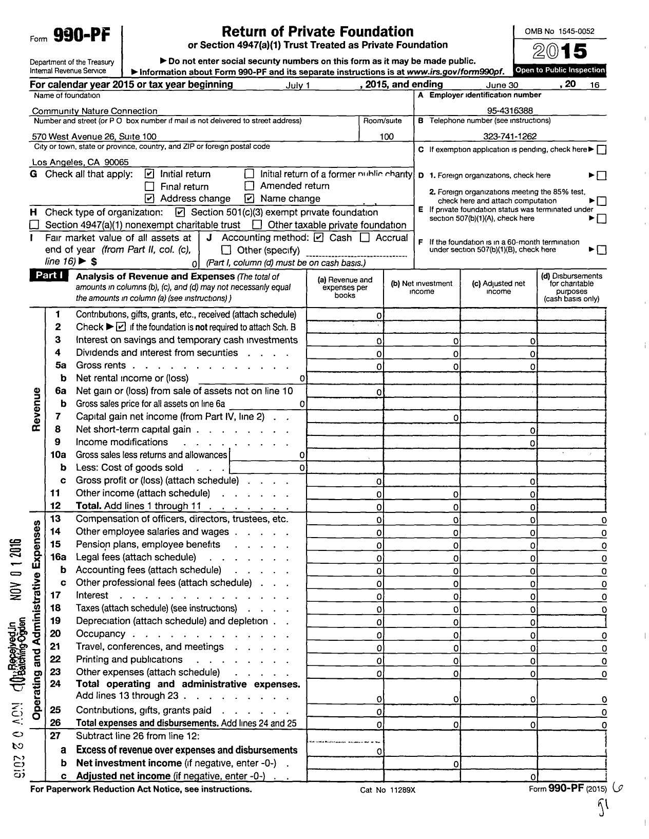 Image of first page of 2015 Form 990PF for Community Nature Connection
