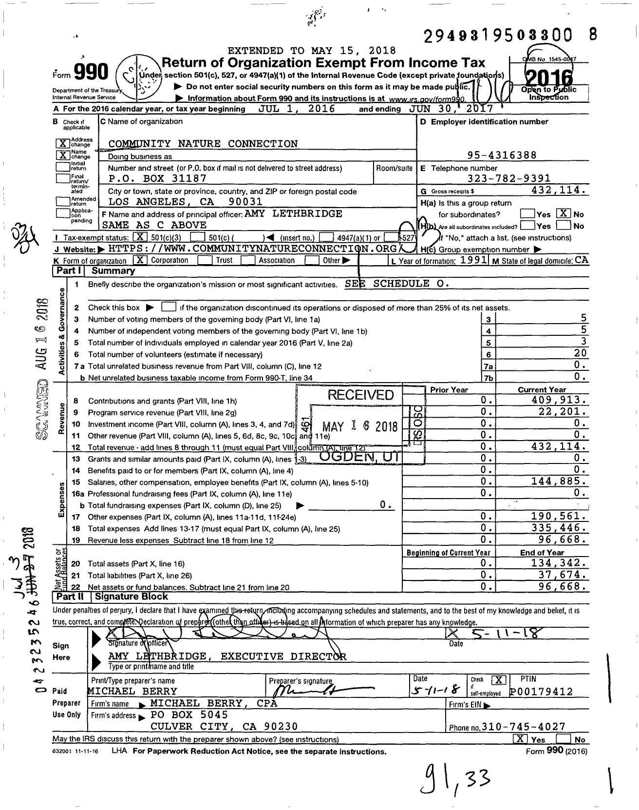 Image of first page of 2016 Form 990 for Community Nature Connection