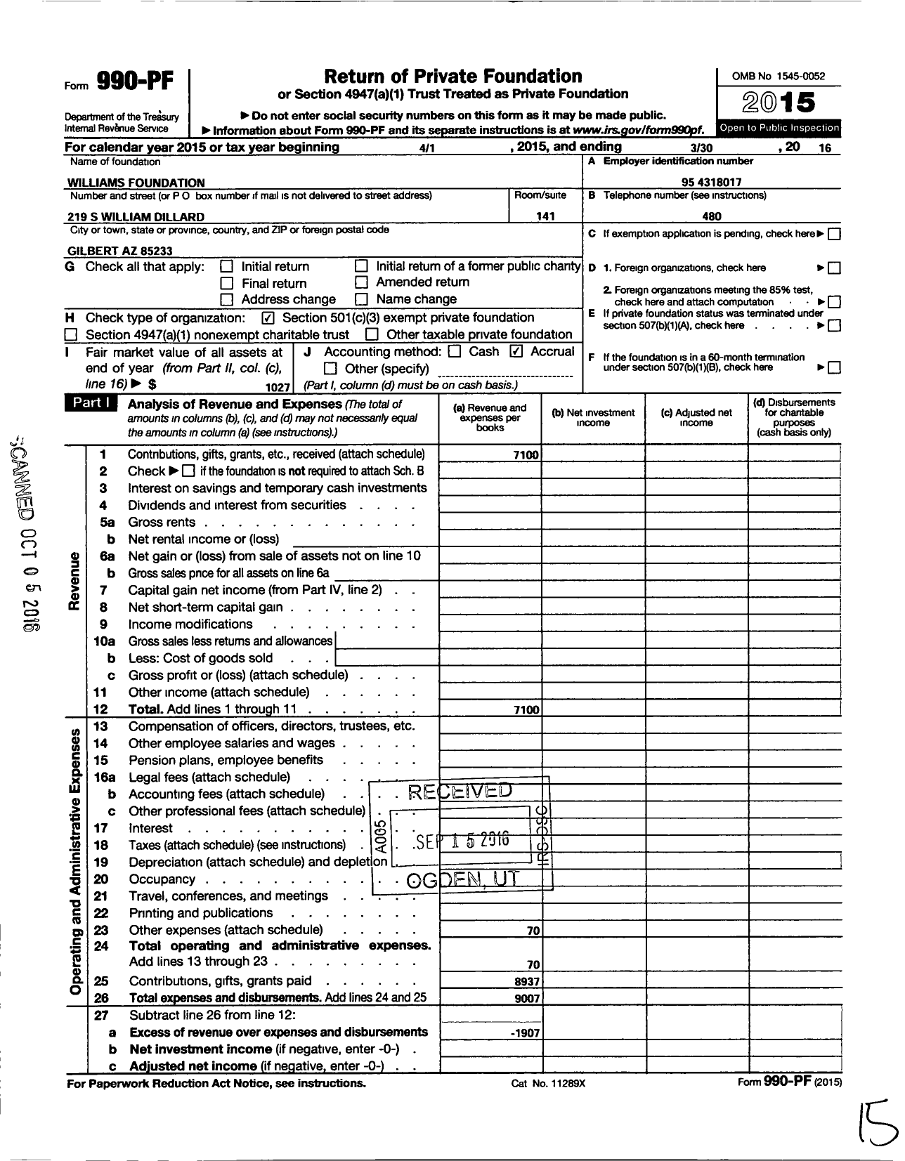 Image of first page of 2015 Form 990PF for Williams Foundation