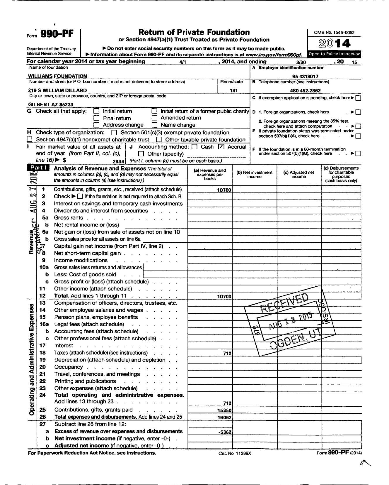 Image of first page of 2014 Form 990PF for Williams Foundation