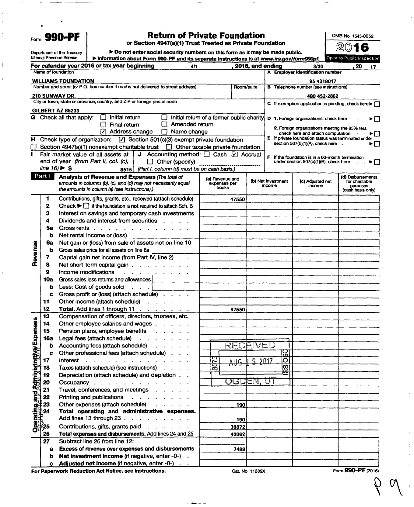 Image of first page of 2016 Form 990PF for Williams Foundation