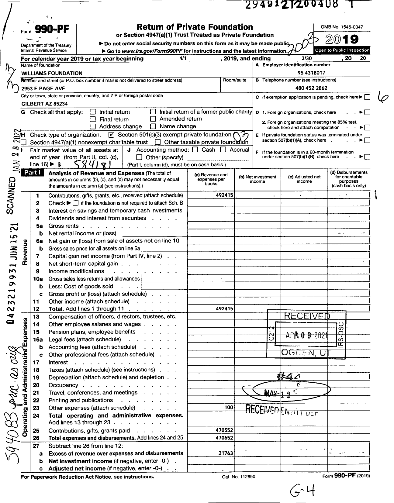 Image of first page of 2019 Form 990PF for Williams Foundation