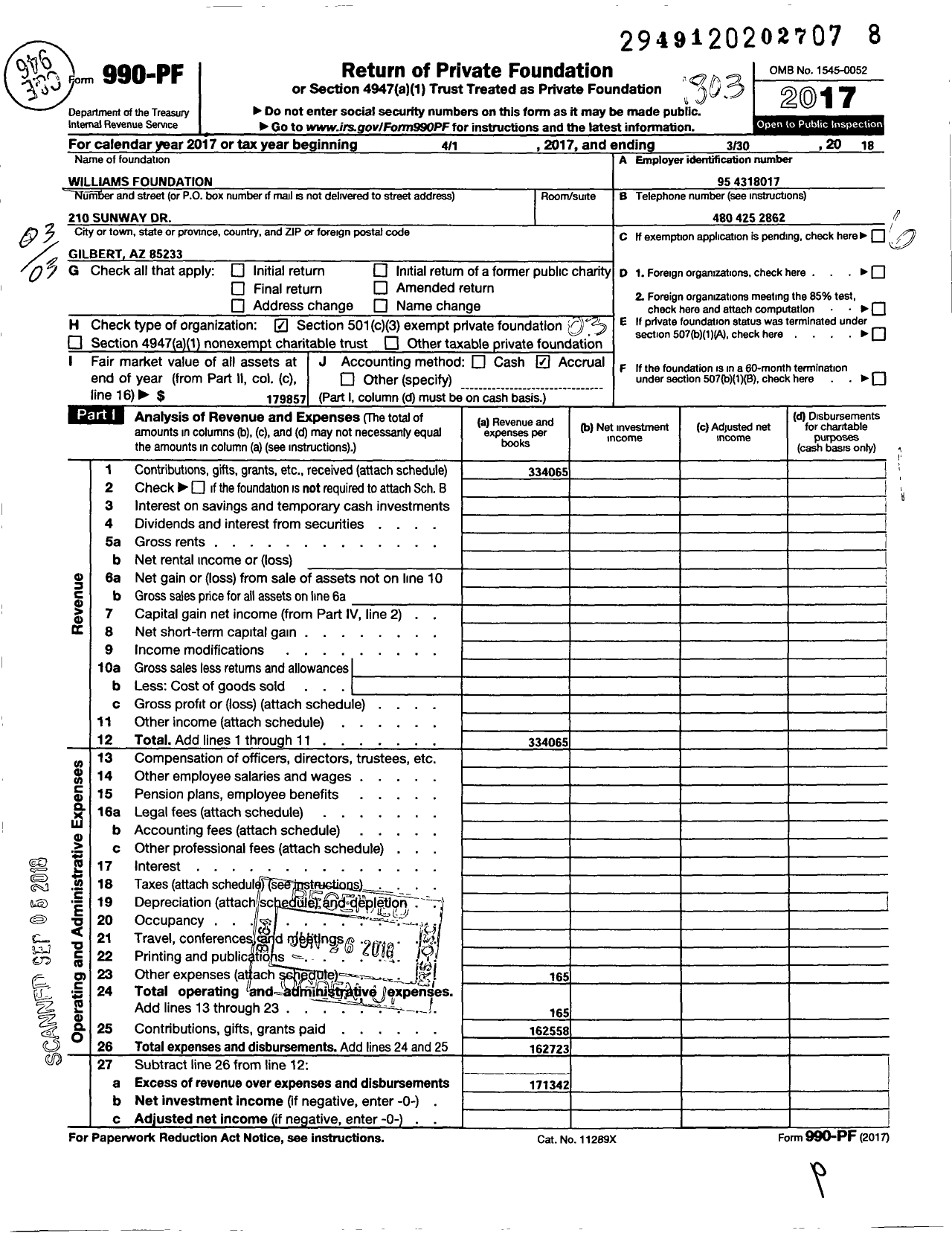 Image of first page of 2017 Form 990PF for Williams Foundation