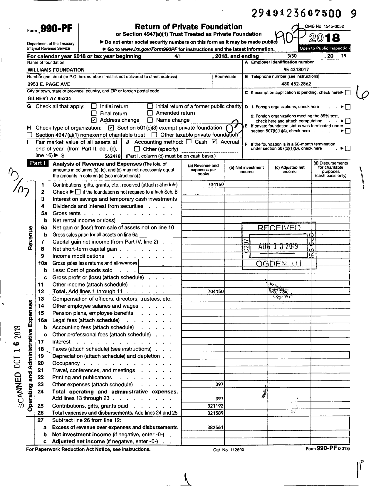 Image of first page of 2018 Form 990PF for Williams Foundation