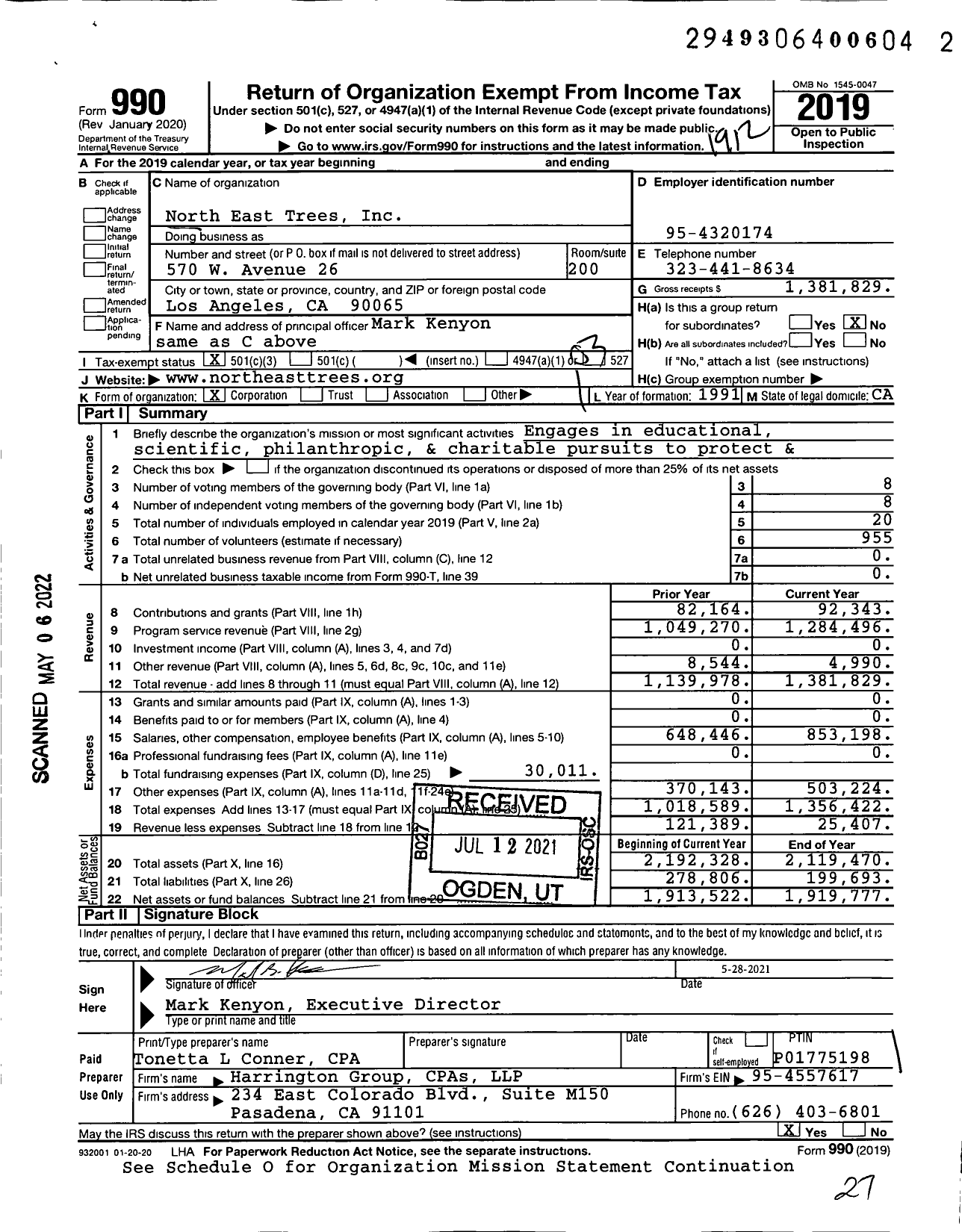 Image of first page of 2019 Form 990 for North East Trees