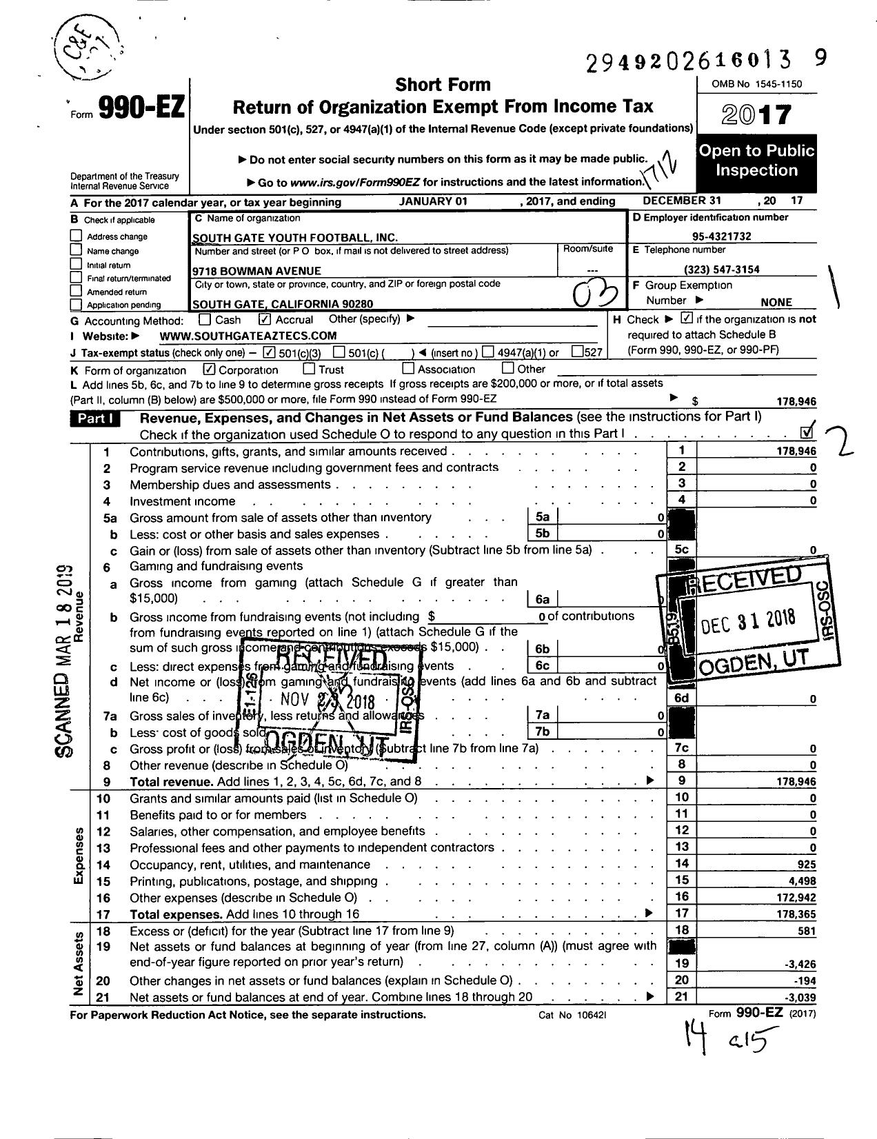 Image of first page of 2017 Form 990EZ for South Gate Youth Football