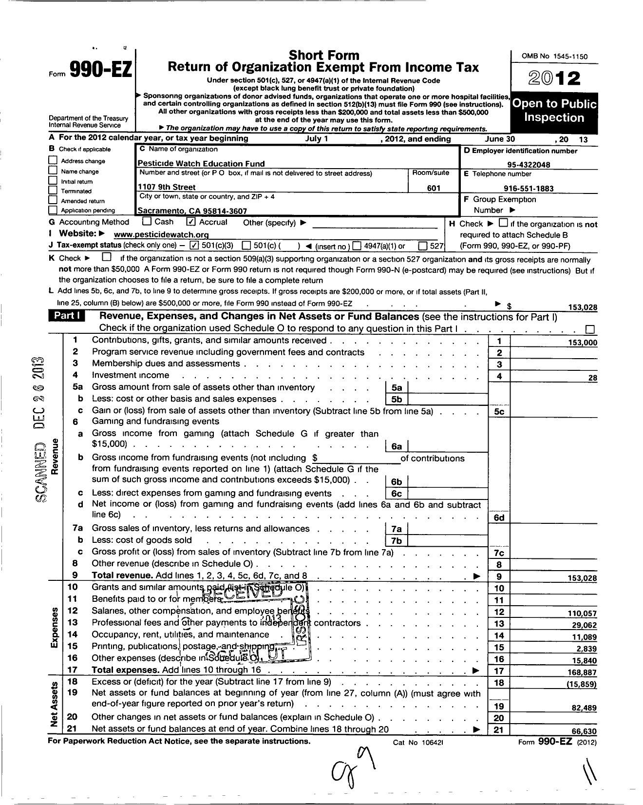 Image of first page of 2012 Form 990EZ for Pesticide Watch Education Fund